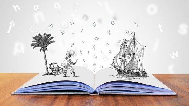 open book with sketch of 3D pirate and treasure on the left and a sailing ship on the right.